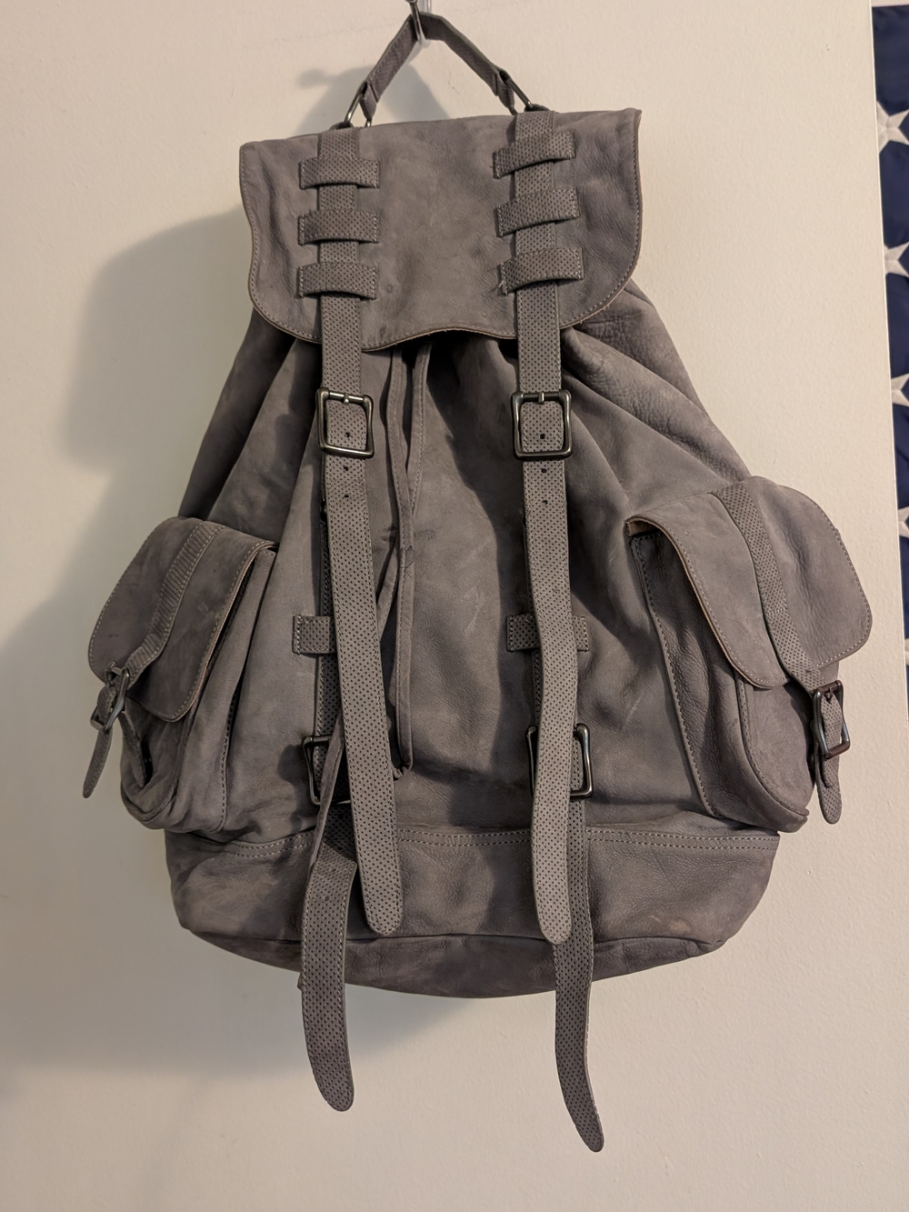 adidas Gray Suede-Style Drawstring Backpack with Buckle Straps